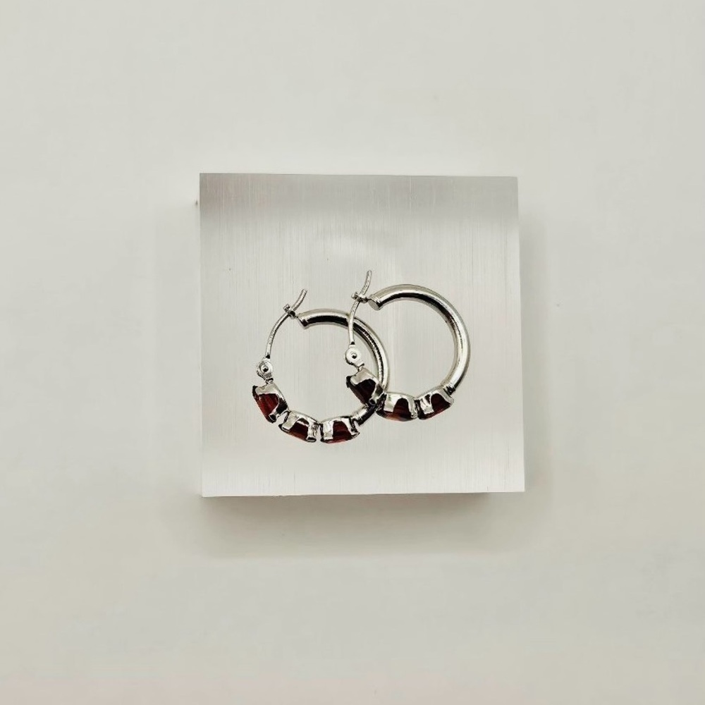 10k White Gold Genuine Garnet Hoop Earrings - Picture 6 of 6